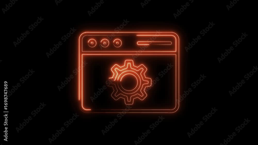 Poster neon browser window with gear icon for website settings and configuration