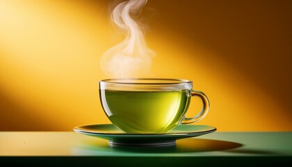 steaming cup of green tea resting on a reflective saucer against a vibrant yellow background