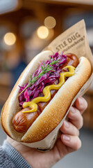 Close-up of gourmet hot dog with mustard, red cabbage, and dill on soft bun