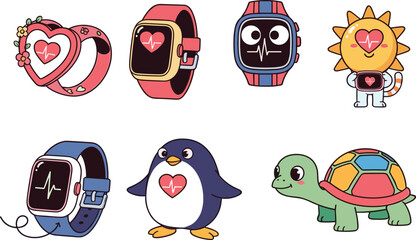 Cute smartwatches with heart rate monitor, fitness tracker, adorable animal characters, health wearable devices, digital pulse screen, cartoon vector collection