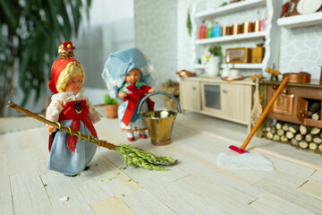 miniature world tiny dolls inhabiting meticulously crafted retro-style dollhouse kitchen scale kitchen roombox, childhood memories