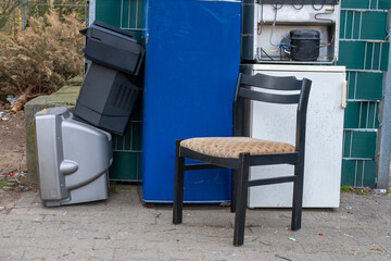 bulky waste reduction, large pile discarded furniture, chair, panels, renovation or decluttering process, used things on street, problem shredding garbage, diverted for recycling, pollution nature