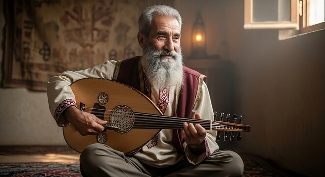 Elderly man playing the oud instrument.
