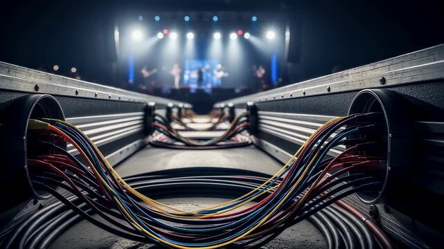 Fiberoptic FOH cables coiled and routed through protective conduits ready to support seamless live sound mixing during a rock concert.