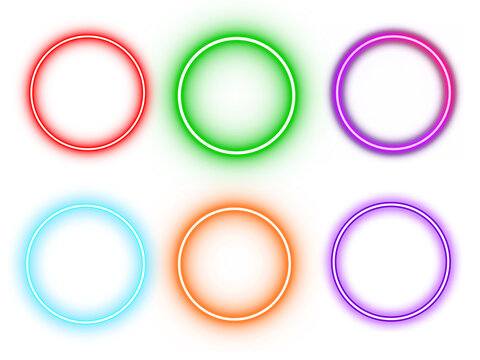 Colorful Neon Circle Frames Set, Glowing Round Light Rings in Red, Green, Purple, Blue, Orange for Digital Design