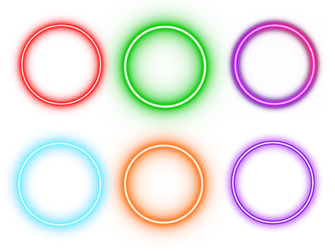Colorful Neon Circle Frames Set, Glowing Round Light Rings in Red, Green, Purple, Blue, Orange for Digital Design