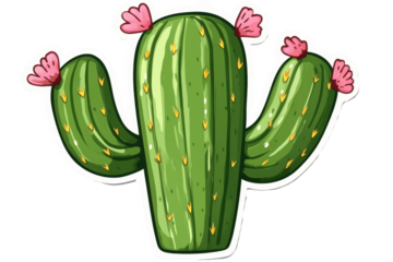 Green cactus plant with pink flowers growing in desert environment illustration