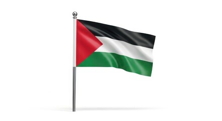 The national flag of palestine, waving on a flagpole, featuring a black, white, and green tricolor with a red triangle on the hoist side