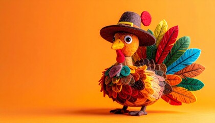 orange brown and yellow crafted felt turkey laying flat on an orange background with copy space