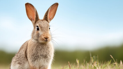 Fototapeta premium Curious rabbit in sunny green meadow under clear blue sky for peaceful spring design