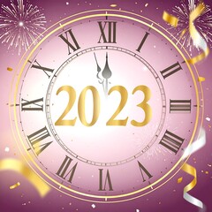 Clock face showing 2023, New Year's Eve fireworks and confetti