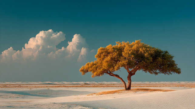 Lone tree gracefully positioned on gentle beige sand dunes beneath expansive, cloudless sky