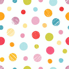 Colorful seamless polka dot pattern. Brush drawn rough multi colored circles. Funky abstract simple background with dots. Hand drawn y2k naive confetti wrapping paper. 