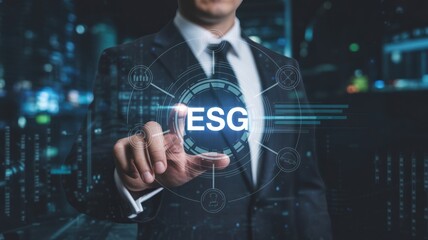 Business professional interacting with futuristic esg globe technology in a corporate setting