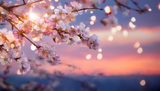 delicate cherry blossom branches adorned with soft pink flowers against a serene blue sky capturing the essence of springtime beauty and nature s renewal - Powered by Adobe
