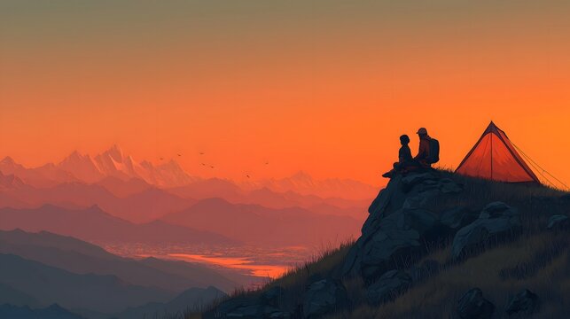 Silhouette of parent and child beside a red tent on a cliff at sunset in a vector illustration with warm orange hues for adventure travel