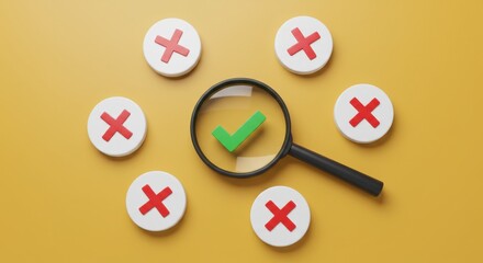 Decision making concept with magnifying glass over checkmark and crosses on yellow background