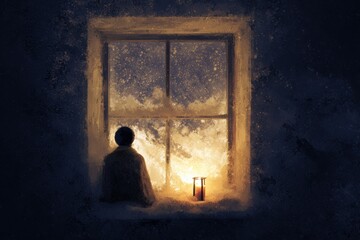 Sad nostalgic lonely Christmas night with warm candle in silence.