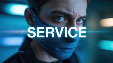 Futuristic service concept with intense gaze and digital overlay