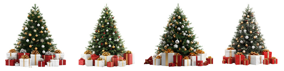 Set of Luxury 3D Christmas scene with fir tree and festive presents, isolated on transparent background.