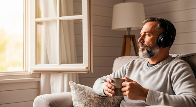 A thoughtful mature man, enjoying music with his headphones in front of a window in his home while savoring coffee in his cup

