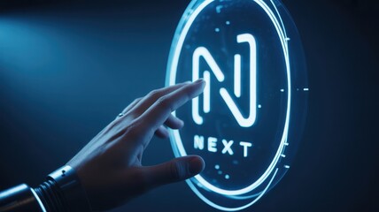 Futuristic neon 'next' button interface glowing brightly signaling innovation