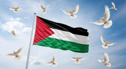 The palestinian flag waves majestically against a backdrop of a cloudy blue sky with doves