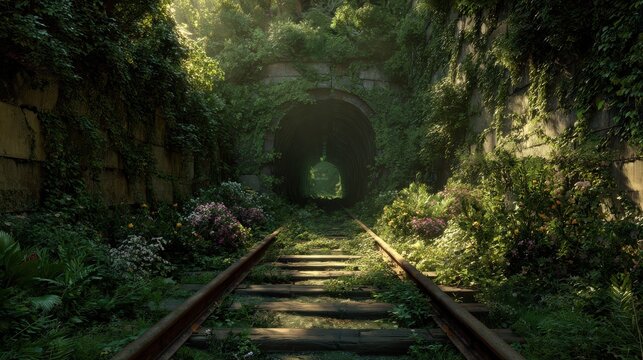dreamlike liminal space abandoned railroad tracks vanishing into a tunnel overgrown with vegetation the tunnel entrance is dark but has a faint unnatural green glow golden hour light