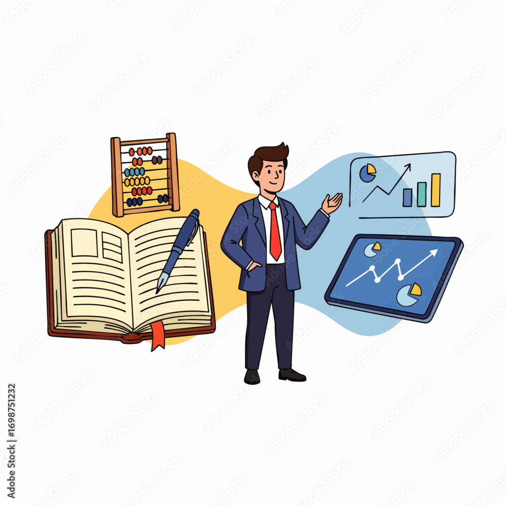 Poster a professional businessman explains complex financial data and accounting principles, utilizing mode