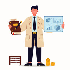 A dedicated financial expert demonstrates complex data analytics on a digital tablet and holds a traditional accounting ledger, illustrating modern business and education.
