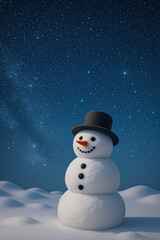 Cute snowman with smile and hat in snowy landscape with night sky full of stars 