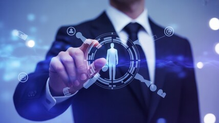 Businessman interacting with futuristic holographic humanoid robot interface in digital world