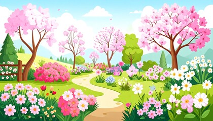 Springtime flower path in a valley
