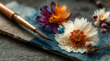 Abstract watercolor painting complemented by delicate dried flowers and art brushes on textured paper