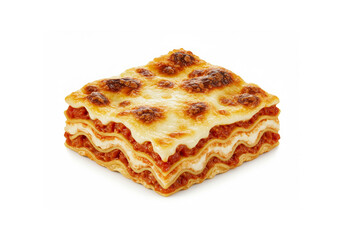 Piece of baked lasagna close-up isolated on white background
