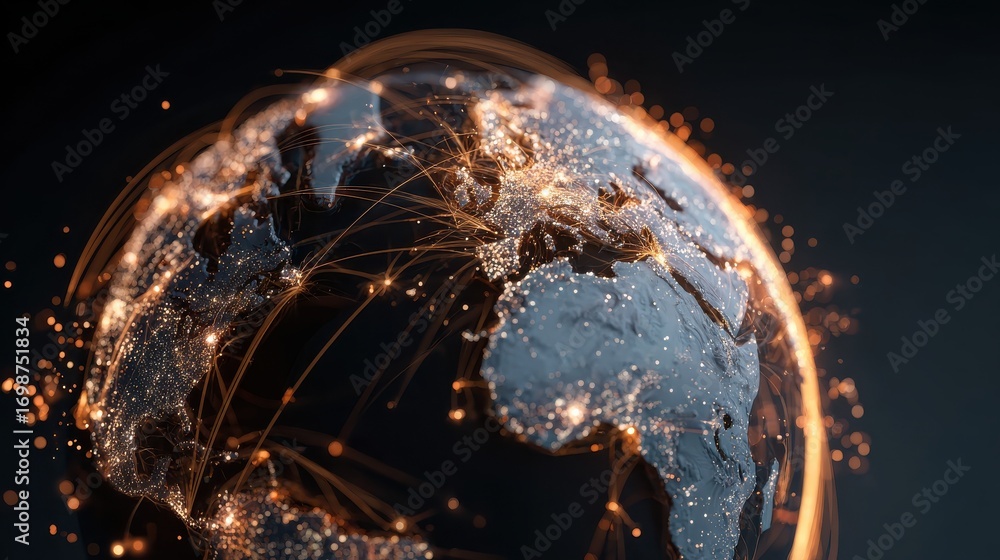 Poster a glowing digital globe illustrating migration pathways symbolizing ai technology and global connect