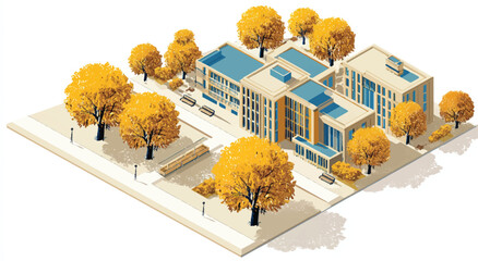 Isometric vector illustration of modern school or university campus with golden autumn trees in the city during daylight for architectural presentation