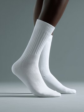Closeup action of male leg wearing white socks studio setting product photography soft lighting minimalist concept