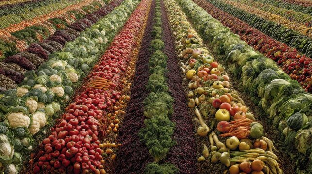 rows of discarded fruits and vegetables highlighting the pressing issue of global food waste and agricultural surplus