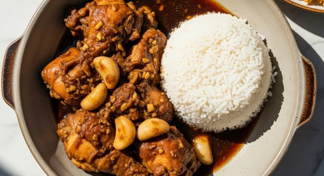 Enjoy deliciously savory Filipino chicken adobo with rice for a comforting meal experience at home