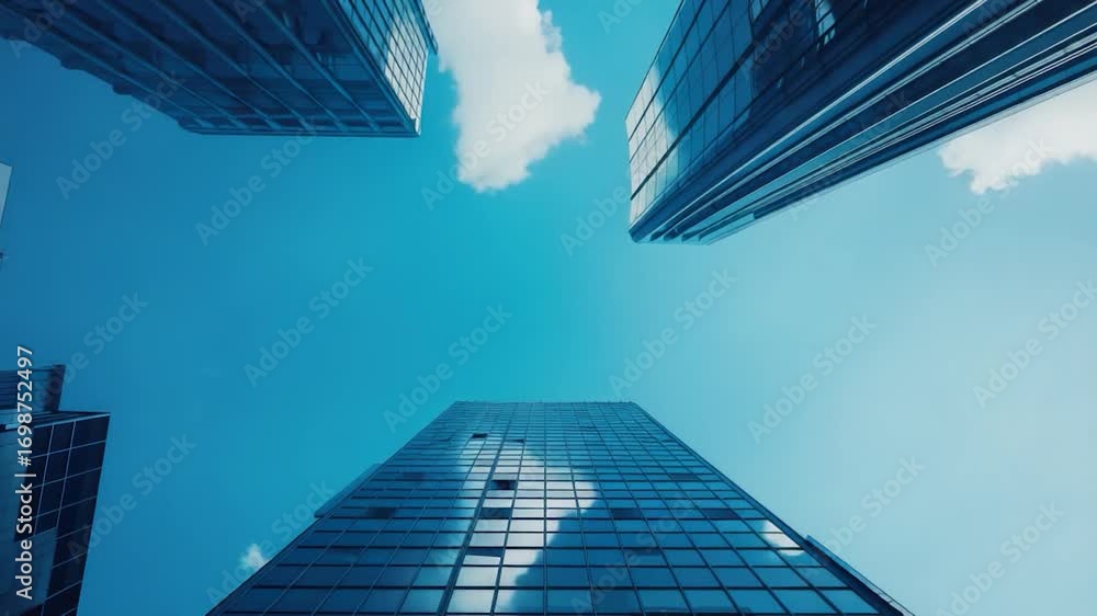 Poster view of a skyscraper from the base, showing its height and architecture