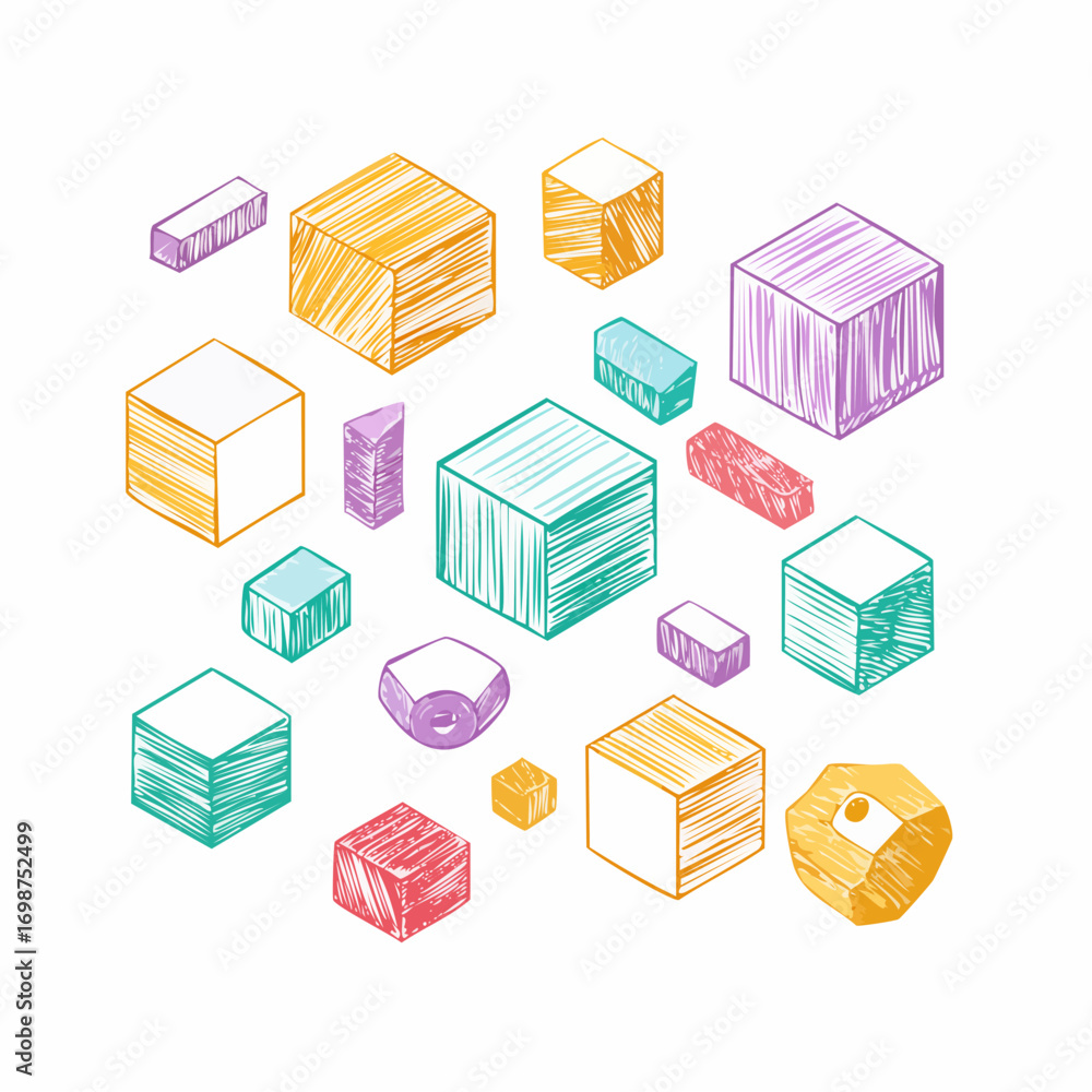 Poster funky abstract isometric geometric shapes and forms. crayon drawn playful 3d figures. set of isometr