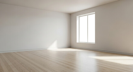 Obraz premium Empty room with white walls, wooden floor, and a large window with sunlight