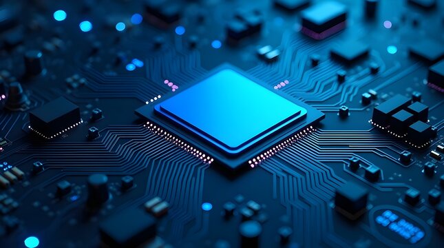 Close Up of Futuristic Microchip on Electronic Circuit Board