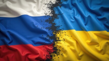 Overlapping Flags of Russia Ukraine Reflecting Conflict 
