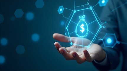 Businessman Hand Holding Virtual Money Icon with Digital Finance Concept