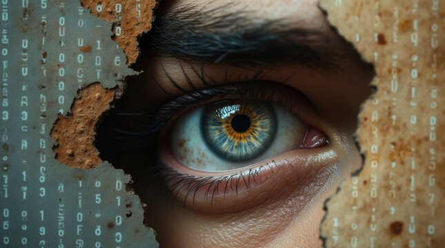 Cinematic close-up of a human eye with binary code and aged archive textures reflected in the iris, contrasting cool digital tones with warm paper hues

