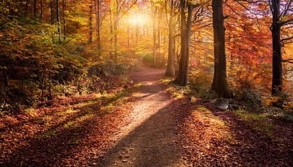 Obraz premium autumn forest pathway with warm sunlight and colorful foliage in tranquil nature setting