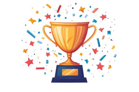 Golden trophy with blue base surrounded by colorful confetti stars celebrating win, champion, or success