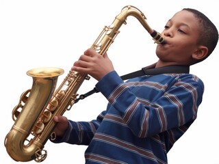 Young Musician: African American Boy Playing Saxophone with Passion and Focus - Musical Instrument, Education, Childhood